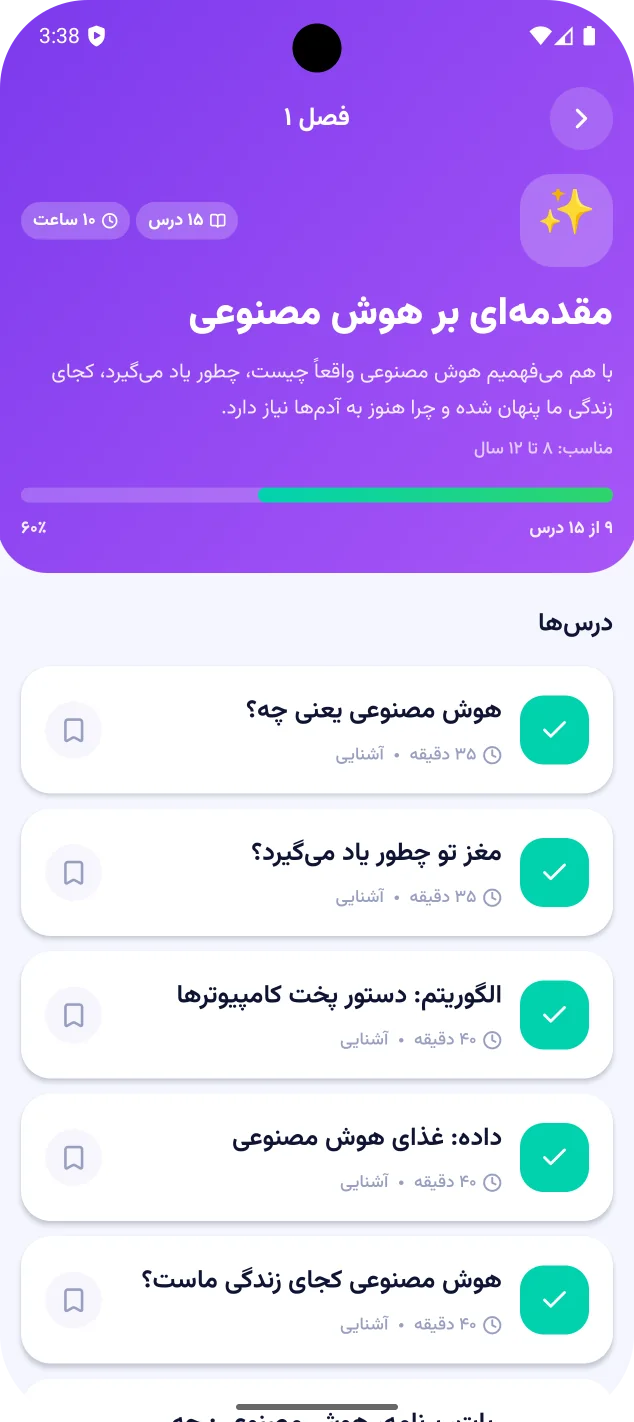 صفحهٔ فصل اول در برنامه: مقدمه‌ای بر هوش مصنوعی، ۱۵ درس و ۱۰ ساعت، مناسب ۸ تا ۱۲ سال، با فهرست درس‌ها